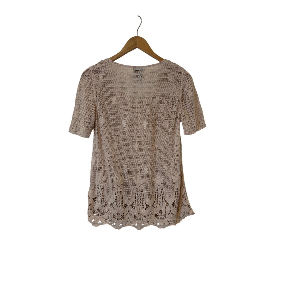 Soft Surroundings Crochet Top Womens Medium Beige Floral Lace Hem Short Sleeve - Picture 3 of 8